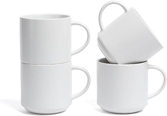 over&back Coffee Mugs Set of 4 – 14oz Ceramic Coffee Mug for Tea, Latte & More – Stackable Stoneware Coffee Cups with Semi-Matte White Finish – Durable & Stylish Drinkware