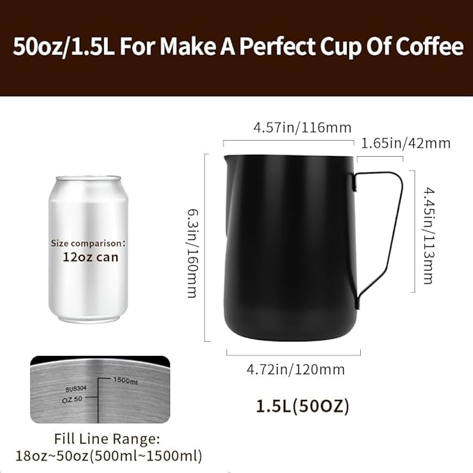 watchget Milk Frothing Pitcher 50oz/1500ml - Stainless Steel Espresso Steaming Pitcher for Cappuccino, Latte Art, Coffee Machine Accessories Milk Jug Frother Cup, Black