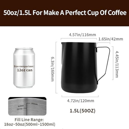 watchget Milk Frothing Pitcher 50oz/1500ml - Stainless Steel Espresso Steaming Pitcher for Cappuccino, Latte Art, Coffee Machine Accessories Milk Jug Frother Cup, Black