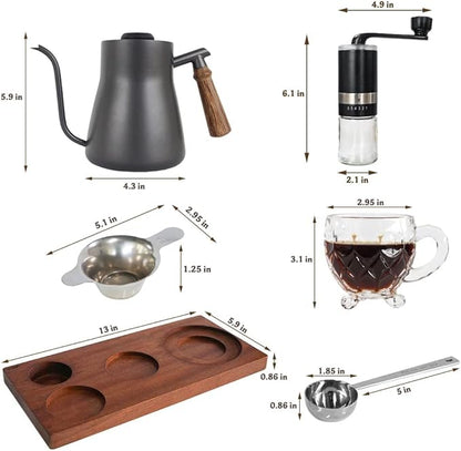 SOTECH Portable Coffee Maker Set Tea Set And Tray; Manual Grinder; Stainless Steel Scoop & 2 Glass Cups and Wooden Tray