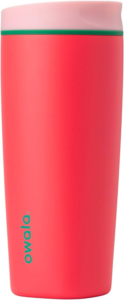 Owala SmoothSip Slider Insulated Stainless Steel Coffee Tumbler, Reusable Iced Coffee Cup, Hot Coffee Travel Mug, BPA Free 20 oz, Pink/Red (Strawberry Fields)