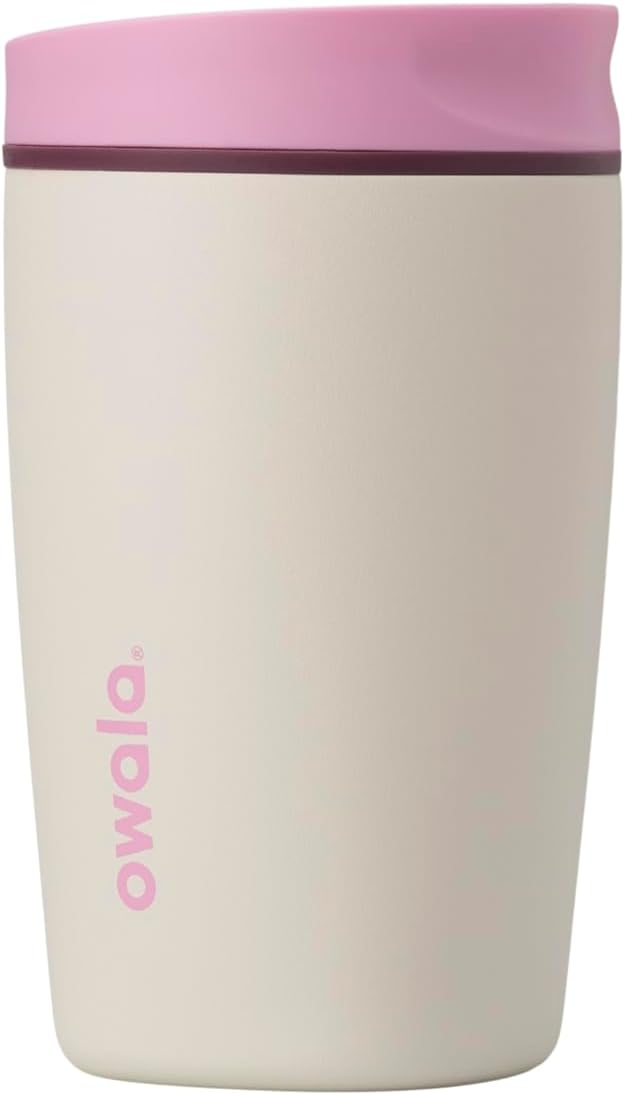 Owala SmoothSip Slider Insulated Stainless Steel Coffee Tumbler, Reusable Iced Coffee Cup, Hot Coffee Travel Mug, BPA Free 12 oz, Pink/Tan (Daybreak)