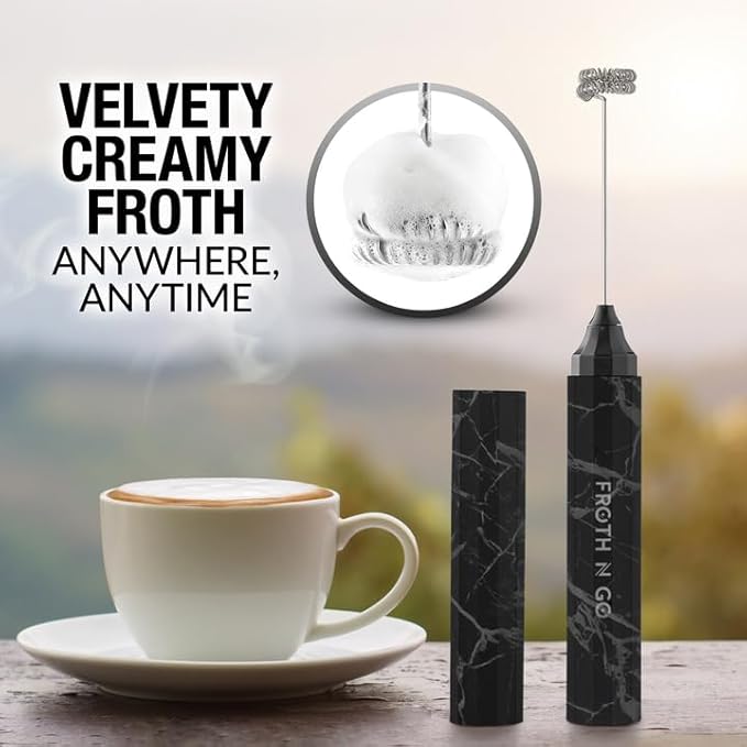 Zulay Kitchen Rechargeable Milk Frother Froth N Go Frother Wand With Case & USB-C Charger - Comes With 3 Whisk Attachments for Latte, Cappuccino, Matcha, Protein Shakes - Black Marble