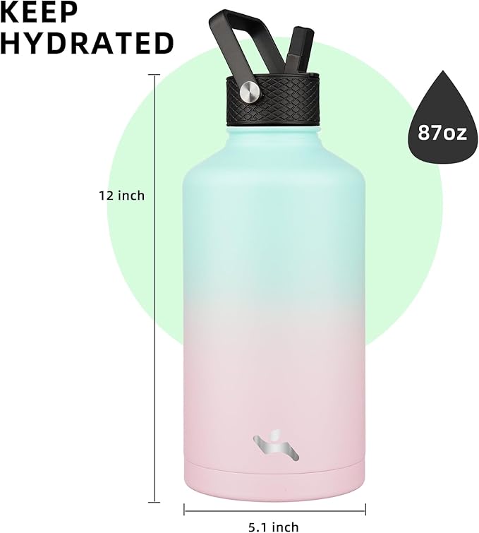Insulated Water Bottle with Straw,87 oz 3 Lids Water Jug with Carrying Bag,Paracord Handle,Double Wall Vacuum Stainless Steel Metal Flask,Gum