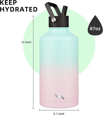 Insulated Water Bottle with Straw,87 oz 3 Lids Water Jug with Carrying Bag,Paracord Handle,Double Wall Vacuum Stainless Steel Metal Flask,Gum