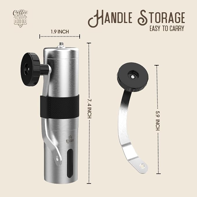Manual Coffee Grinder — Stainless Steel Conical Burr Coffee Bean Grinder with Hand Crank, 18 Adjustable Settings, Storage Pouch and Sturdy Grip — Portable Coffee Grinder for Camping or Travel
