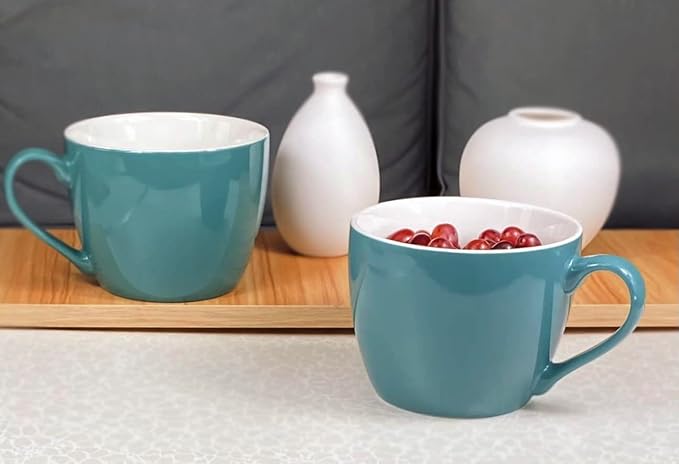 MECOWON 30 OZ Porcelain Coffee Mugs, Set of 2 Large Mugs for Soup, Cereal and Salad (Teal (bluish - green))