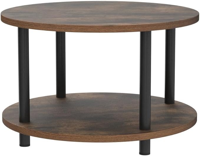 Small Round Coffee Table for Small Space, 23.5" 2-Tier Rustic Brown Wooden Coffee Table with Open Storage for Living Room/Balcony/Office, Metal Legs, Easy to Assemble