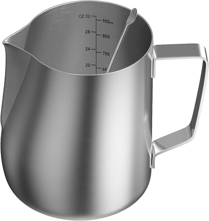 Milk Frothing Pitcher, 30 Oz/900 ML Milk Frother Steamer Cup Stainless Steel Espresso Cup with Decorating Pen