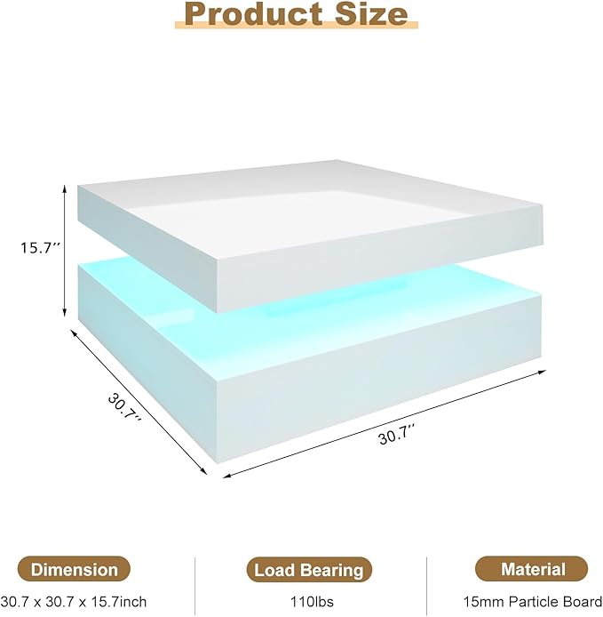 LED Coffee Table for Living Room, Living Room Table 2-Tier Square Center Table, Modern High Glossy Wood Coffee Tables with Storage, 15.7" Tall Tables for Dining Reception, White