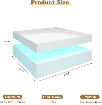 LED Coffee Table for Living Room, Living Room Table 2-Tier Square Center Table, Modern High Glossy Wood Coffee Tables with Storage, 15.7" Tall Tables for Dining Reception, White
