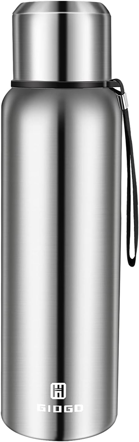 Insulated vacuum Thermo Bottle 750ml/25.4oz with cup Stainless steel coffee bottles for hot and cold drink water flask.(Silver,750ml)