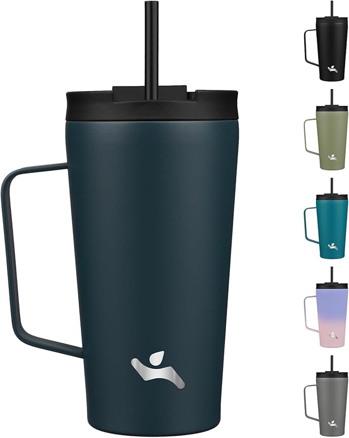 Insulated Tumbler with Handle and Straw, 18 OZ Travel Coffee Mug Stainless Steel Cup Metal Water Bottle,Navy Blue