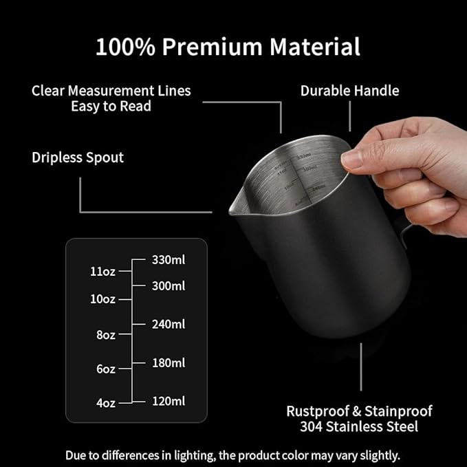 watchget Milk Frothing Pitcher 350ml/600ml/900ml/1500ml (12oz/20oz/32oz/52oz) - Stainless Steel Espresso Steaming Pitcher for Cappuccino, Latte Art, Milk Jug Coffee Frother Cup, Black