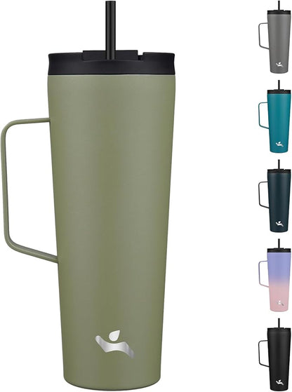 Insulated Tumbler with Handle and Straw, 26 OZ Travel Coffee Mug Stainless Steel Cup Metal Water Bottle,Camp Green