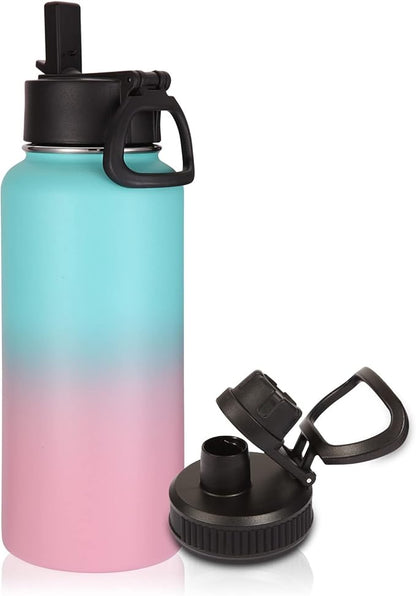 Volhoply 32 oz Insulated Water Bottle with Straw Lid & Spout Lid,Stainless Steel Sports Water Bottle,Double Wall Vacuum Cups,Leakproof Wide Mouth Metal Flask,Keeps Cold or Hot(Green Pink,1)