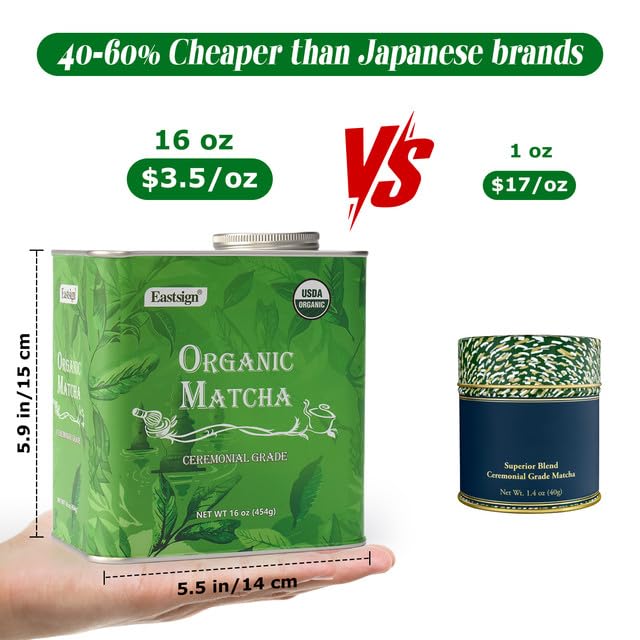 Eastign Ceremonial Matcha Powder Bulk Size (1lb/454g),Organic Ceremonial Grade Matcha,USDA Organic Matcha Tea Powder Latte,Perfect for Starbucks Latte, Shake, Smoothies & Baking& Gifts | Holiday Ready Tin