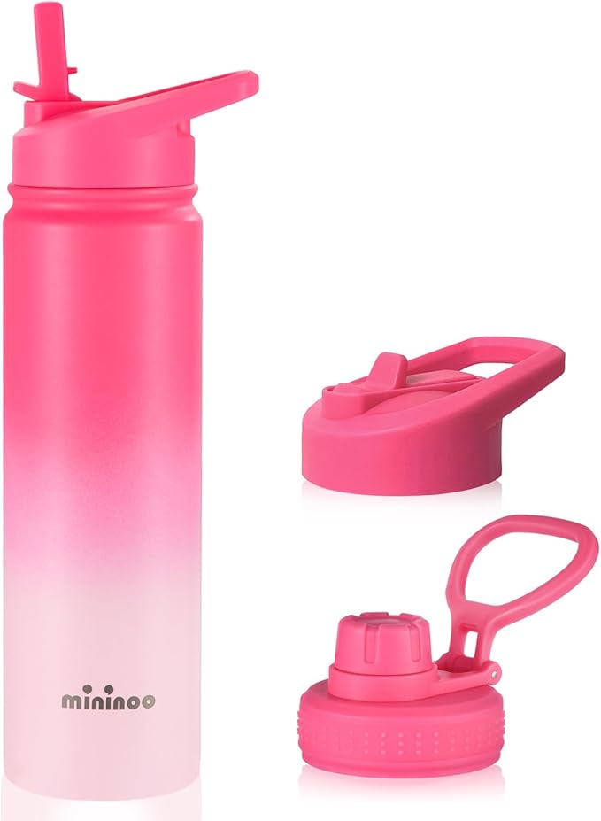 mininoo Insulated Stainless Steel Water Bottle with Straw and Lid for Sports, 24 oz, Sweet Peach
