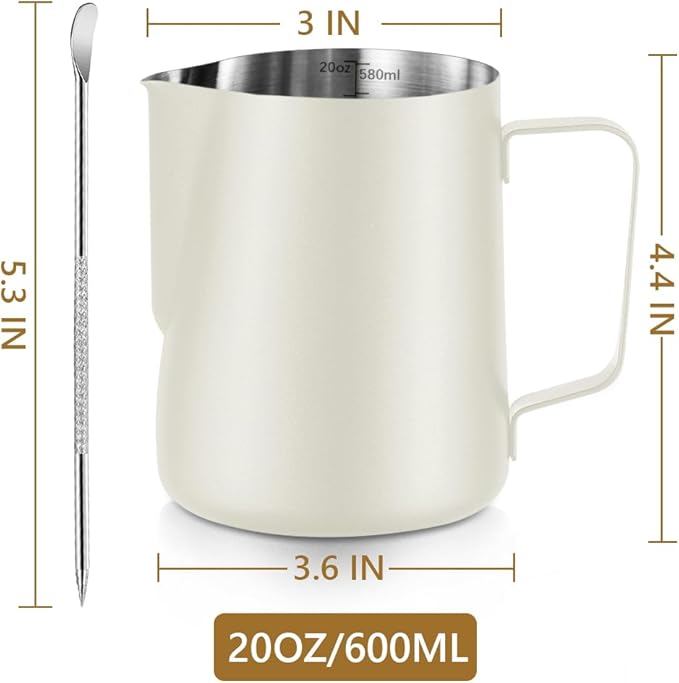 Frothing Milk Pitcher, 20 oz/600 ml Stainless Steel Frothing Milk Jug with Latte Art Pen,with Internal Measurements, for Cappuccino-White