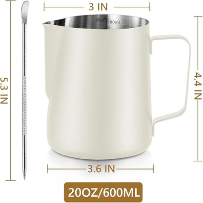 Frothing Milk Pitcher, 20 oz/600 ml Stainless Steel Frothing Milk Jug with Latte Art Pen,with Internal Measurements, for Cappuccino-White