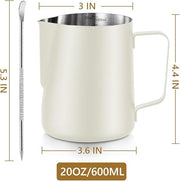 Frothing Milk Pitcher, 20 oz/600 ml Stainless Steel Frothing Milk Jug with Latte Art Pen,with Internal Measurements, for Cappuccino-White