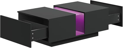 Black Led Coffee Table for Living Room, Rectangular Living Room Table with Storage, Acrylic Coffee Tables with 2 Sliding Drawers, Wood Center Table for Reception Dinning Room