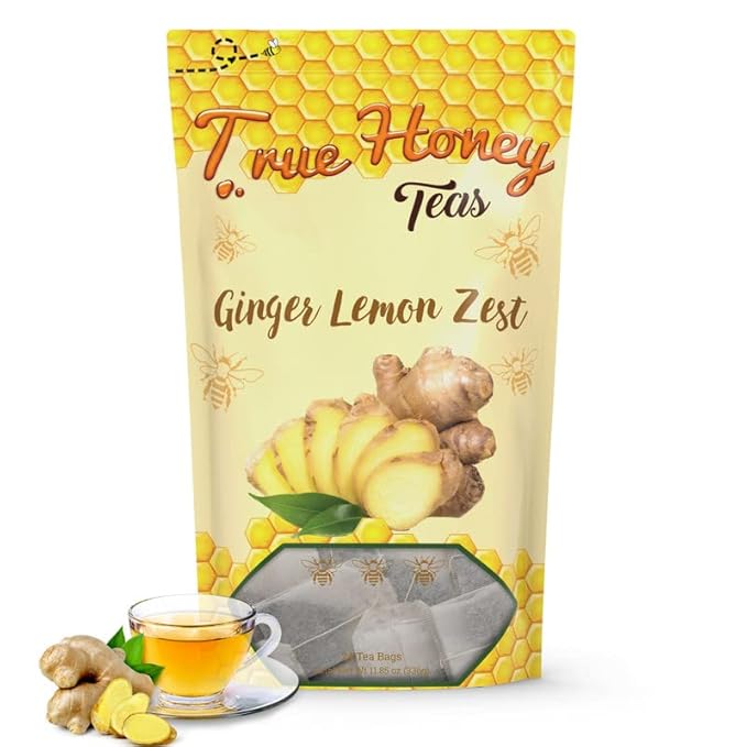 True Honey Lemon Ginger Tea Bags - Honey Crystals Blended in Every Sachet - Healthy Digestion Nourishment - All Natural Organic Herbal Caffeine Free Tea Bag 24 Count