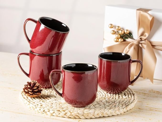 LERATIO 12OZ Ceramic Coffee Mugs Set of 6, Large Porcelain Coffee Cups With Large Handle For Latte,Cappuccino,Milk,Cocoa,|Dishwasher&Microwave Safe Mug Sets,Ideal for Man,Woman,Dad, Mom-Red