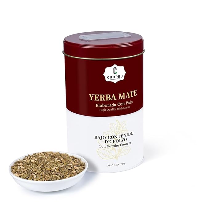 Yerba Mate, CUOPRU Suave Argentinian Mate, Low Powder, Original Leaves With Stems, Portable Storage Tea Caddy (N.W.247g)