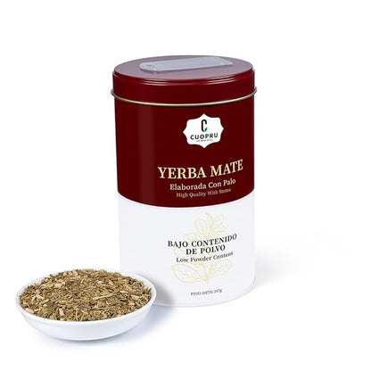 Yerba Mate, CUOPRU Suave Argentinian Mate, Low Powder, Original Leaves With Stems, Portable Storage Tea Caddy (N.W.247g)