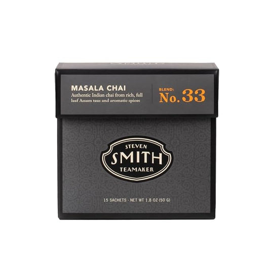 Steven Smith Teamaker Masala Chai No. 33, Caffeinated, Sugar-Free, Spiced, Full Leaf Black Assam Tea Blend, Tea Bags 15 Sachets, 1.8oz each