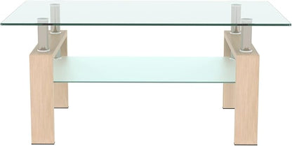 Glass Coffee Table Rectangle Living Room Center Table, 39inch Transparent Tempered Glass Tabletop and Beige Wood Grain Metal Legs, Beige + Clear Glass