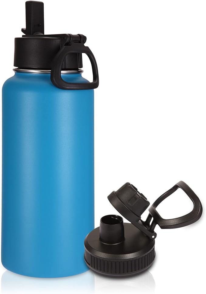 Volhoply 32 oz Water Bottle with Straw Lid & Spout Lid,Insulated Sports Water Bottle,Double Wall Vacuum Stainless Steel Cups,Leakproof Wide Mouth Metal Flask,Keeps Cold or Hot for Travel(Blue,1)