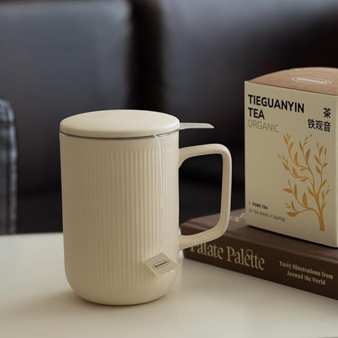 WENSHUO Ceramic Tea Infuser Cup with Stainless Steel Brewing Basket and Lid, Perfect for Steeping Floral Teas, Large Capacity, 20oz, Matte Crème