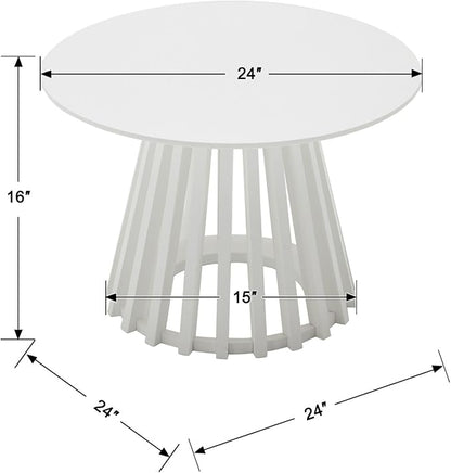DUOMAY Modern Round Coffee Table with Unique Geometric Base, Sleek White Wood Accent Table for Living Room, Office, Lounge, White