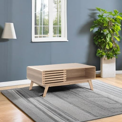 mopio Ensley Coffee Table with Storage, Mid Century Modern, Farmhouse Wood Coffee Table for Living Room Fluted (Oak)