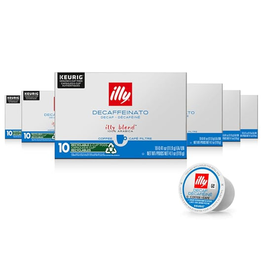 Illy Coffee K Cups - Pods For Keurig Machines – Classico Decaf Roast – Notes of Caramel - Mild, Flavorful & Balanced Flavor - No Preservatives – 10 Count, 6 Pack