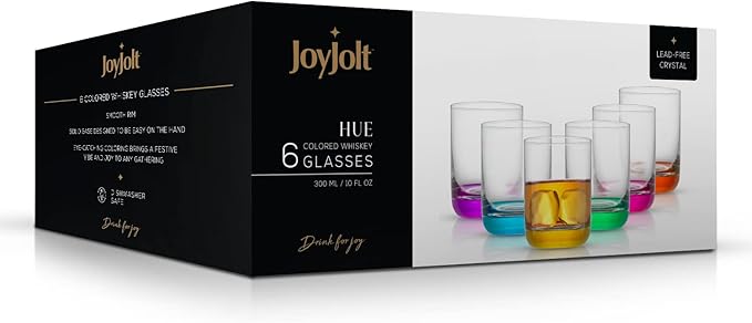 JoyJolt Hue Colorful Whiskey Set of 6, 10oz Drink Glasses, Double Old Fashioned Glass, Modern Whiskey Glass Set for Bar, Low Ball Cocktail Tumbler Glasses
