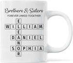Load image into Gallery viewer, Family Forever Linked Together Custom Names Ceramic Mug, Crossword Puzzle Art, for Birthday, Anniversary or Special Occasions (Brothers &amp; Sisters Forever Linked Together White Mug Ver 1)