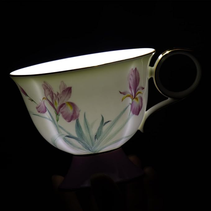 KAMMAK Ceramic Coffee Cups Saucers Set of 2, Porcelain Espresso Cups with Saucers, 8.45 oz Handcrafted Elegant Bone China Tea Cups, Iris Flower & Butterfly Pattern Teacup for Party, Office, Gift