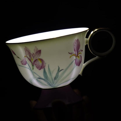 KAMMAK Ceramic Coffee Cups Saucers Set of 2, Porcelain Espresso Cups with Saucers, 8.45 oz Handcrafted Elegant Bone China Tea Cups, Iris Flower & Butterfly Pattern Teacup for Party, Office, Gift