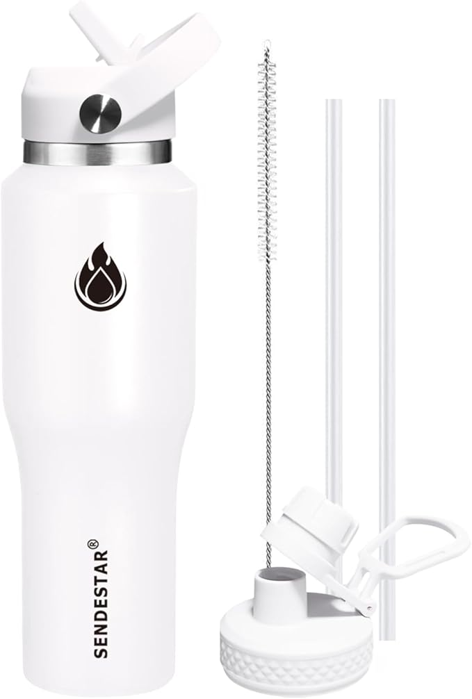 SENDESTAR 40oz Water Bottle Wide Mouth Stainless Steel Vacuum Insulated Double Wall with 2 Straw Lids Fit in Any Car Cup Holder