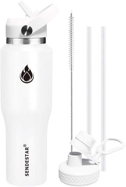 SENDESTAR 40oz Water Bottle Wide Mouth Stainless Steel Vacuum Insulated Double Wall with 2 Straw Lids Fit in Any Car Cup Holder