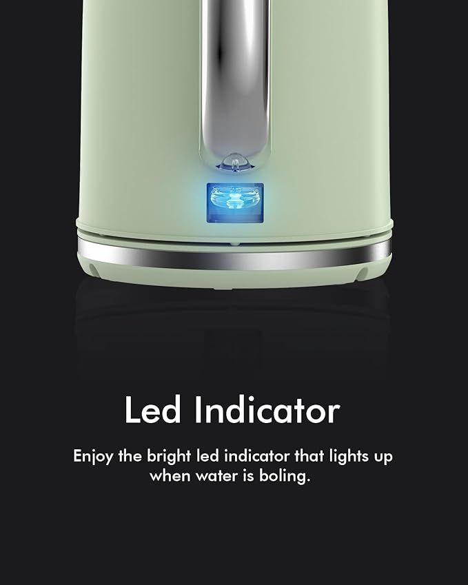 Electric Tea Kettle for Boiling Water, Wide Open Lid Stainless Steel Water Boiler, 1500W/1.7L for Coffee/Tea Brewing, Auto Shut Off & Boil Dry Protection, Cordless Swivel Base & LED Indicator, Green