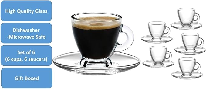BOHEM'S Espresso Cups, 3.2 oz Small Demitasse Clear Glass Espresso Drinkware, Set Of 6, Cups and Saucers, Espresso Shot Glasses, Clear Expresso Coffee Cups, Tazas de Cafe Expreso