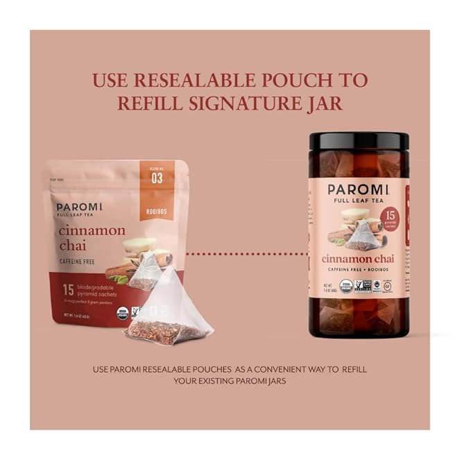 Paromi Cinnamon Chai Rooibos Organic Tea, Signature Jar, 15 Count (Pack of 6)