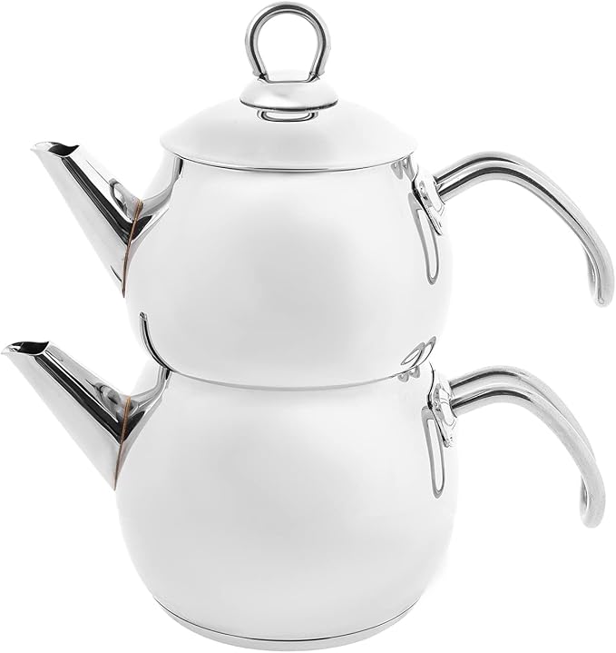 Karaca Adelya Stainless Steel Induction Teapot Set with 0.65L Teapot & 1.1L Tea Kettle, Traditional Turkish Tea Set Brewing System, Dishwasher Safe, Silver