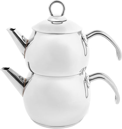 Karaca Adelya Stainless Steel Induction Teapot Set with 0.65L Teapot & 1.1L Tea Kettle, Traditional Turkish Tea Set Brewing System, Dishwasher Safe, Silver