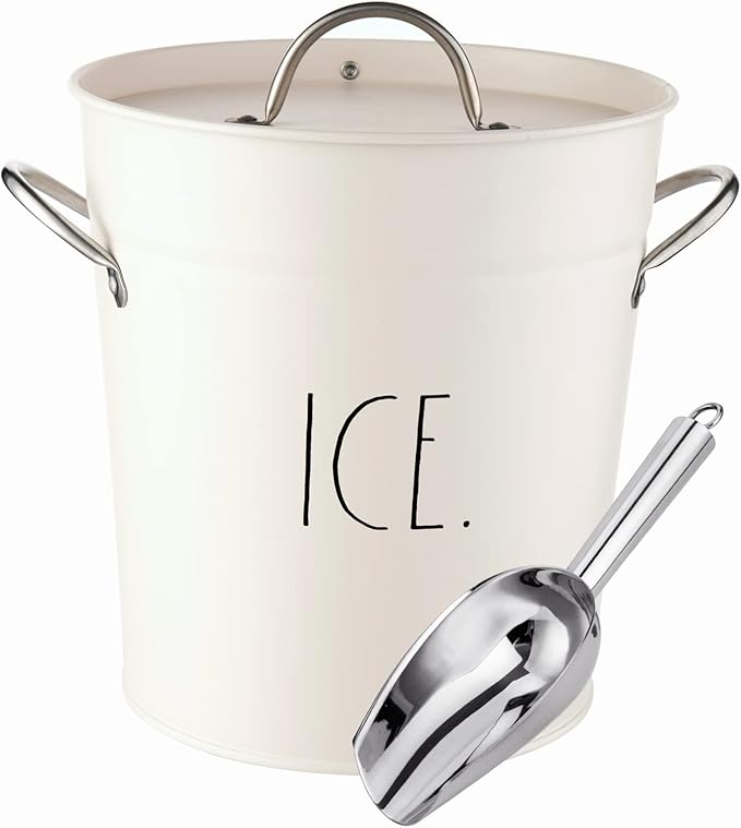 Rae Dunn Ice Bucket with Scoop - Stainless Steel Bucket with Handle, Lid and Ice Scooper - 4 Qt. Storage Bin for Ice Cubes for Bars, Parties, Backyard Barbeques, Picnics, and Camping (White)