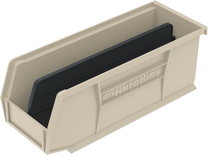 Akro-Mils 30224 AkroBins Plastic Storage Bins, Space-Saving Stackable Bins for Garage, Pantry, Craft Organization, 11" L x 4" W x 4" H, Stone, 12-Pack
